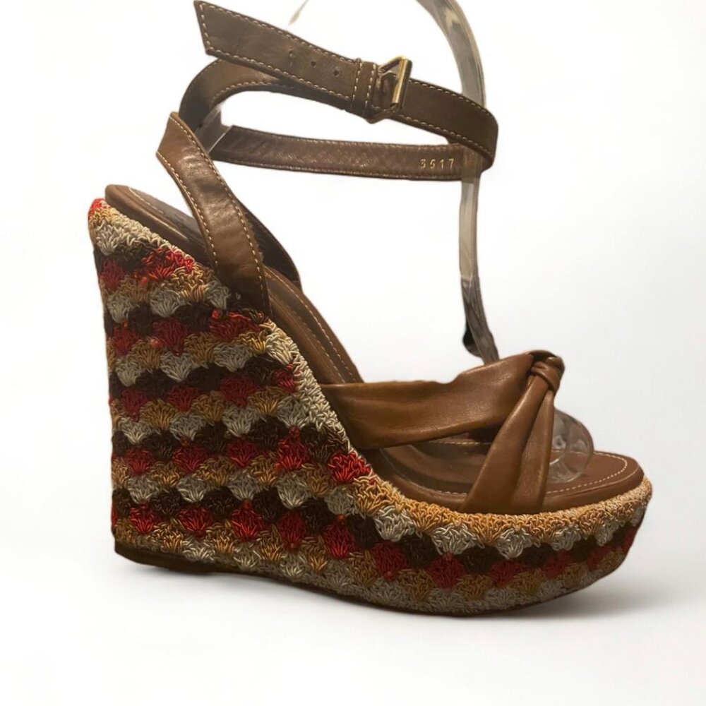 VINTAGE - Sergio Rossi Crochet and Leather Platform Wedges SZ -10 - Picture 5 of 6